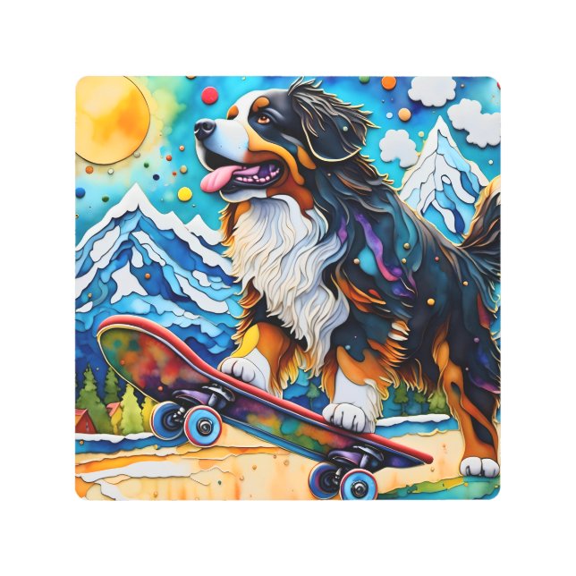 Skateboarding Bernese Mountain Dog Metal Print (Front)