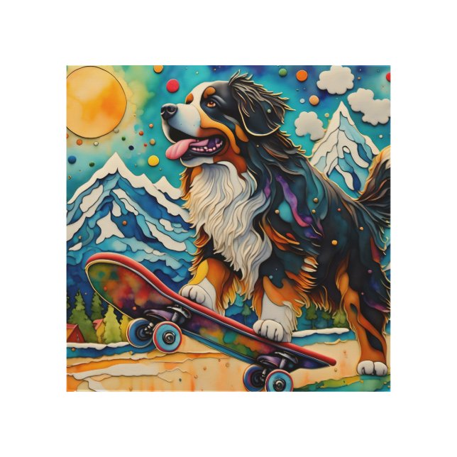 Skateboarding Bernese Mountain Dog Wood Wall Art (Front)