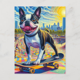 Skateboarding Boston Terrier Colorful Fun Surreal Postcard