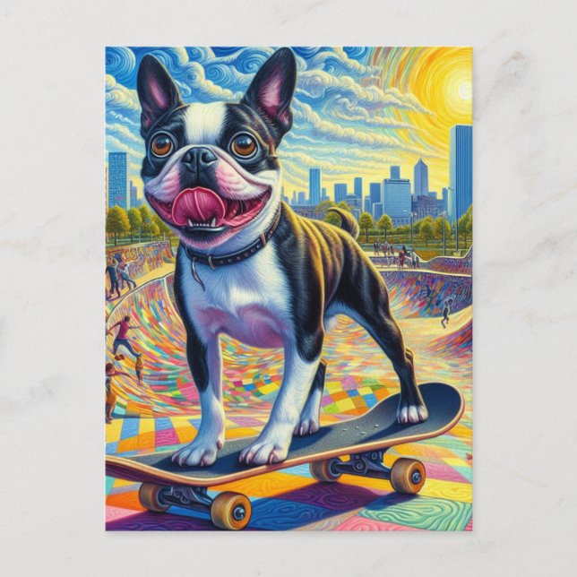 Skateboarding Boston Terrier Colorful Fun Surreal Postcard (Front)
