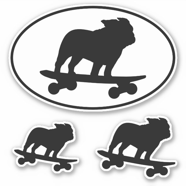 Skateboarding Bulldog Silhouettes Dog Sticker Set (Front)