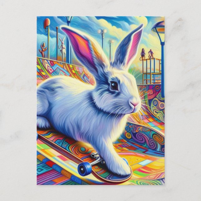 Skateboarding Bunny Surreal Colorful and Fun Postcard (Front)