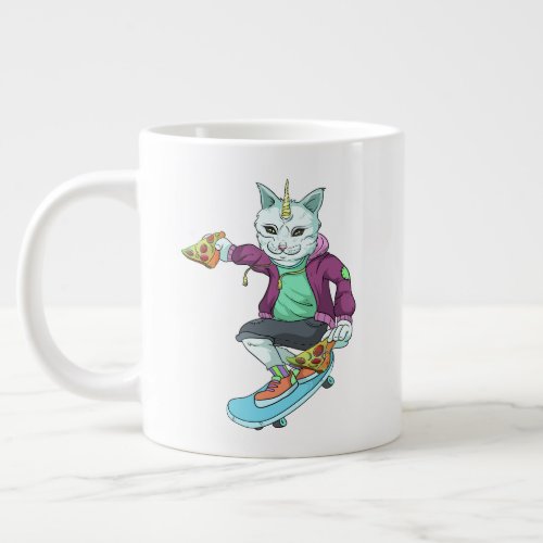Skateboarding Cat Eating Pizza Skating Giant Coffee Mug