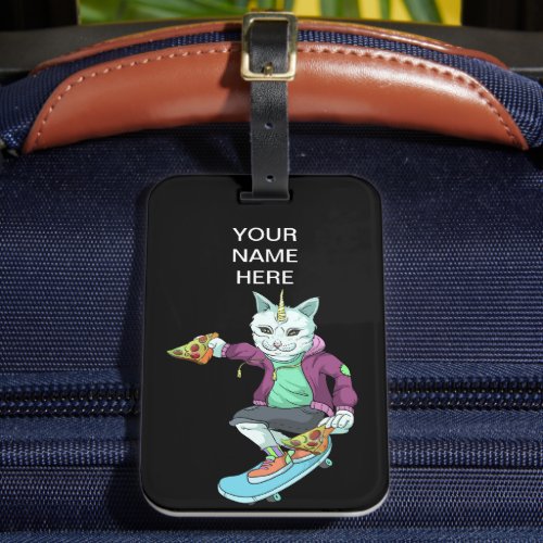 Skateboarding Cat Eating Pizza Skating Luggage Tag