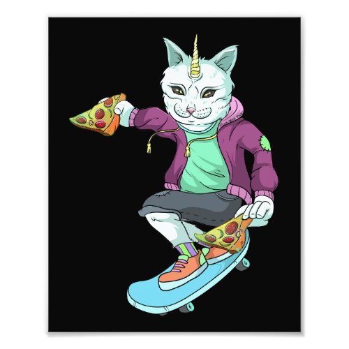 Skateboarding Cat Eating Pizza Skating Photo Print