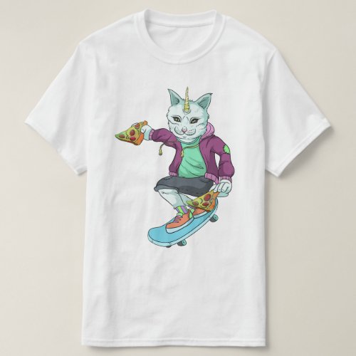 Skateboarding Cat Eating Pizza Skating T_Shirt