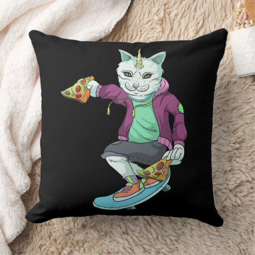 Skateboarding Cat Eating Pizza Skating Throw Pillow
