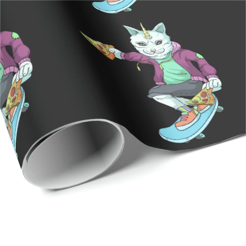 Skateboarding Cat Eating Pizza Skating Wrapping Paper