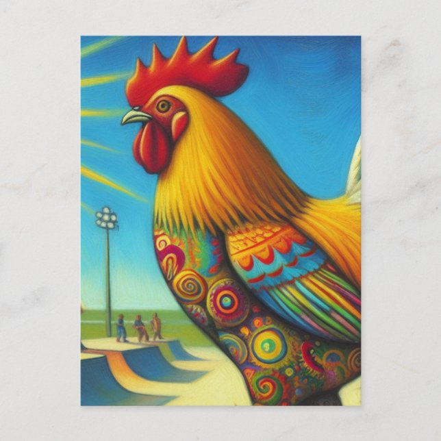 Skateboarding Colorful and Fun Rooster Postcard (Front)