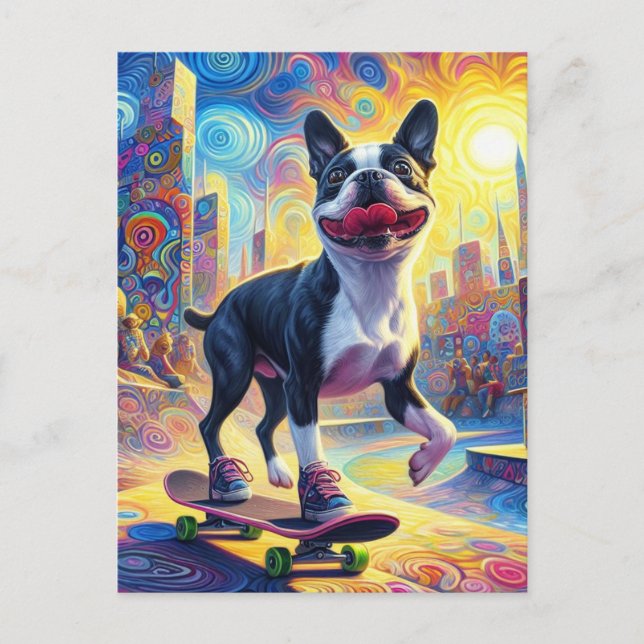 Skateboarding Colorful Surreal Boston Terrier Postcard (Front)