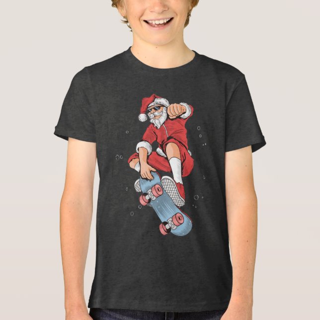 Skateboarding Cool Santa Christmas Tri-Blend Shirt (Front)