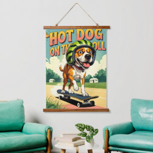 Skateboarding Dog Summer Funny Retro Beach Hanging Tapestry