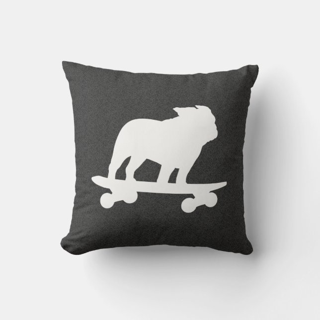 Skateboarding English Bulldog Silhouette Throw Pillow (Front)