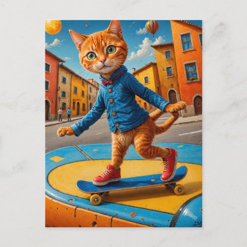 Skateboarding Ginger Cat Postcard