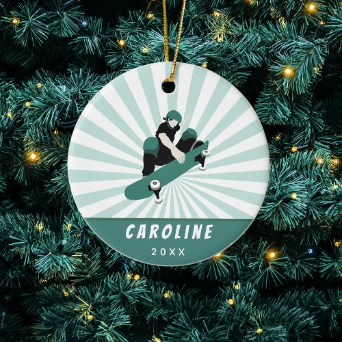 Skateboarding Girl Custom Skater Name Kids Ceramic Ornament
