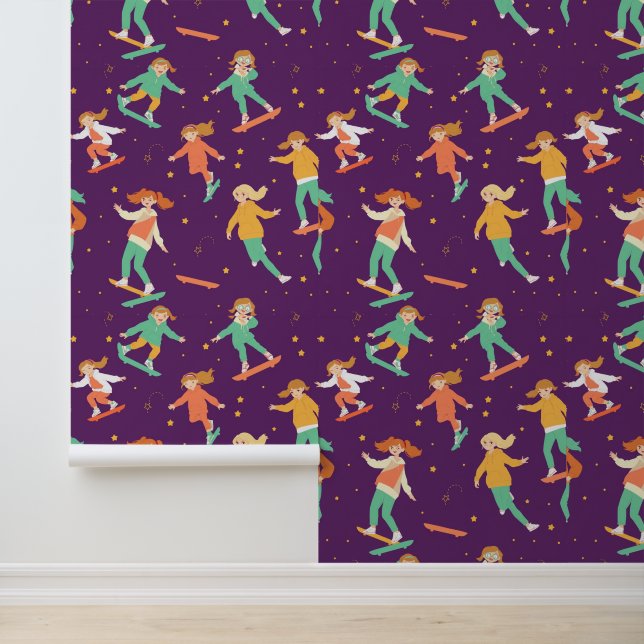 Skateboarding Girls with Stars Pattern Wallpaper (Application)