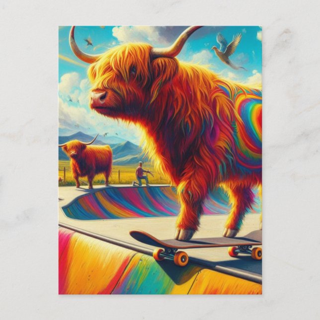 Skateboarding Highland Cow Colorful and Fun Postcard (Front)