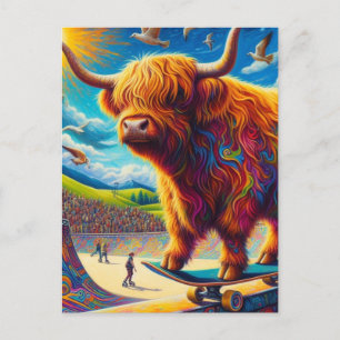 Skateboarding Highland Cow Colorful Fun Surreal Postcard