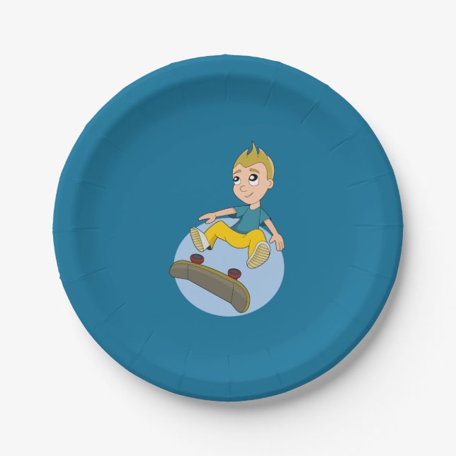 Skateboarding kid cartoon paper plates (Front)