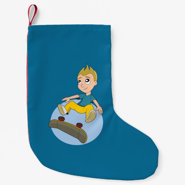 Skateboarding kid cartoon small christmas stocking (Front)