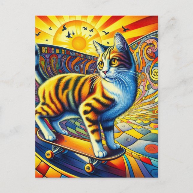 Skateboarding Kitty Surreal Colorful and Fun Postcard (Front)