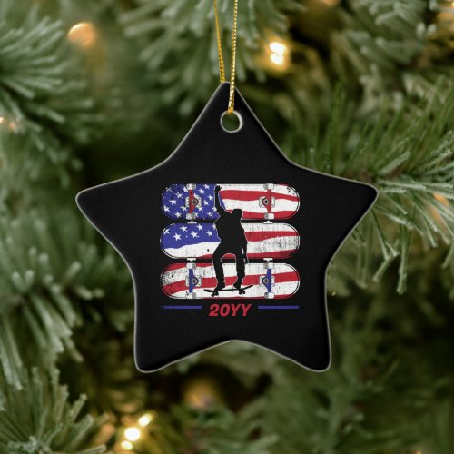 Skateboarding Men - USA American Flag Ceramic Ornament