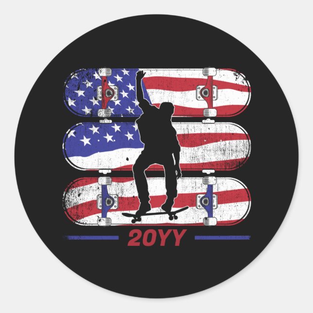 Skateboarding Men - USA American Flag Classic Round Sticker (Front)