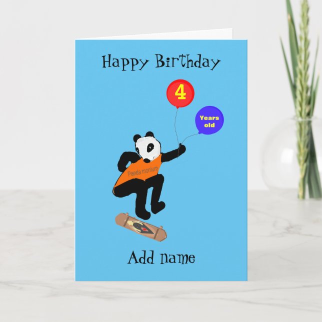 Skateboarding Panda Four Years Old Birthday Card (Front)