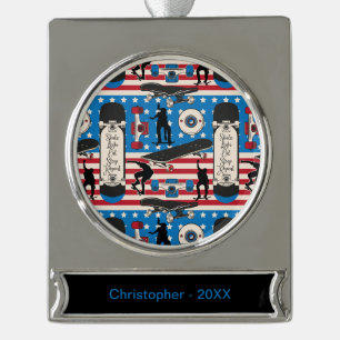 Skateboarding Patriotic USA Skateboarder Silver Plated Banner Ornament