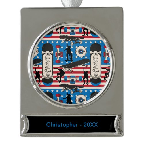 Skateboarding Patriotic USA Skateboarder Silver Plated Banner Ornament