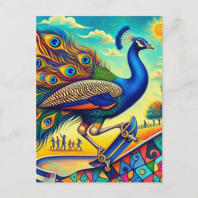 Skateboarding Peacock Colorful and Fun Postcard (Front)