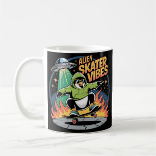 Skateboarding Penguin UFO Alien Funny Coffee Mug