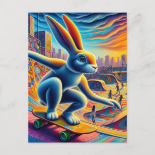 Skateboarding Rabbit Colorful Fun Surreal Postcard