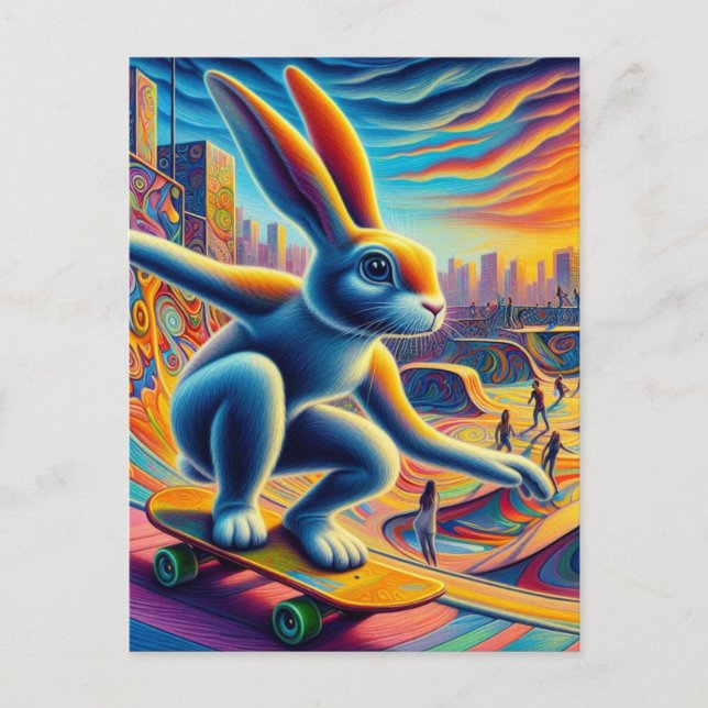 Skateboarding Rabbit Colorful Fun Surreal Postcard (Front)