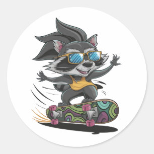 Skateboarding raccoon classic round sticker