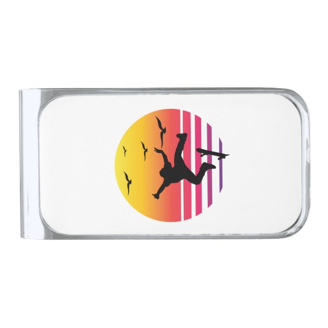 Skateboarding retro sunset, #Skateboarding Silver Finish Money Clip (Front)