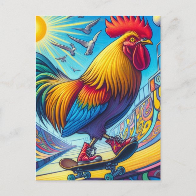 Skateboarding Rooster Surreal Colorful and Fun Postcard (Front)