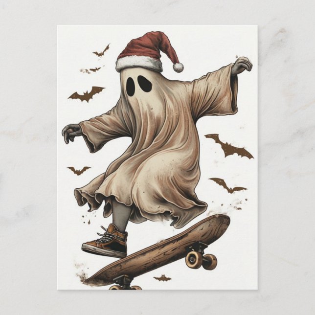 Skateboarding Santa Ghost Christmas Postcard (Front)