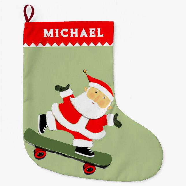 Skateboarding Santa Skateboarder Large Christmas Stocking (Front)