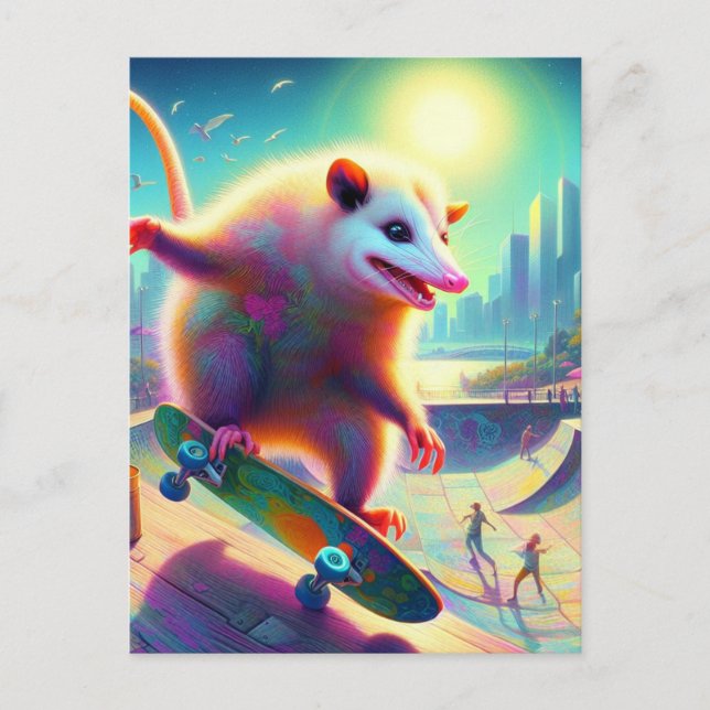 Skateboarding Surreal Adorable Opossum  Postcard (Front)