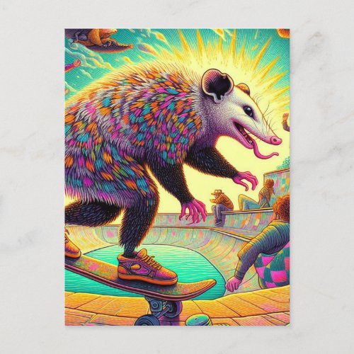 Skateboarding Surreal Adorable Opossum Postcard