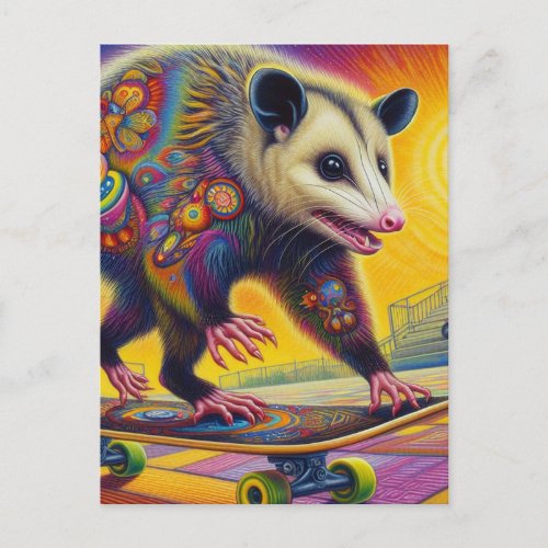 Skateboarding Surreal Adorable Opossum Postcard