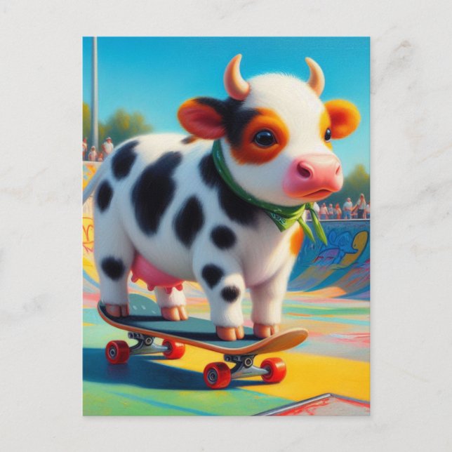 Skateboarding Surreal Colorful and Fun Cow Postcard (Front)