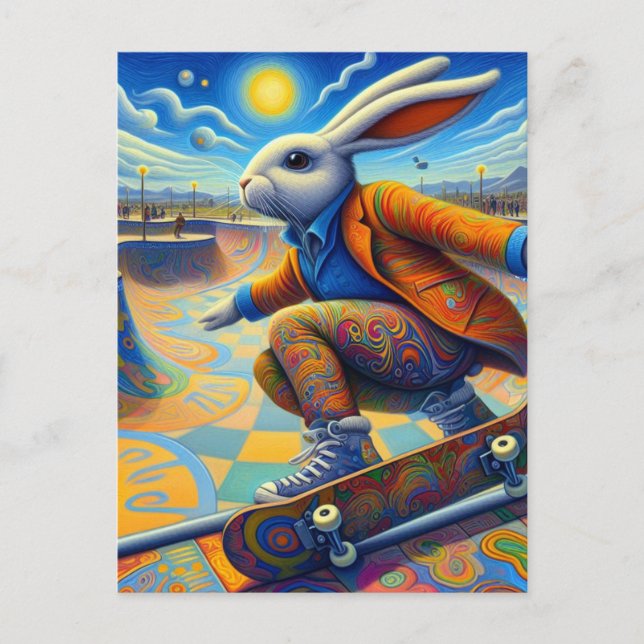 Skateboarding Surreal Colorful and Fun Rabbit Postcard (Front)