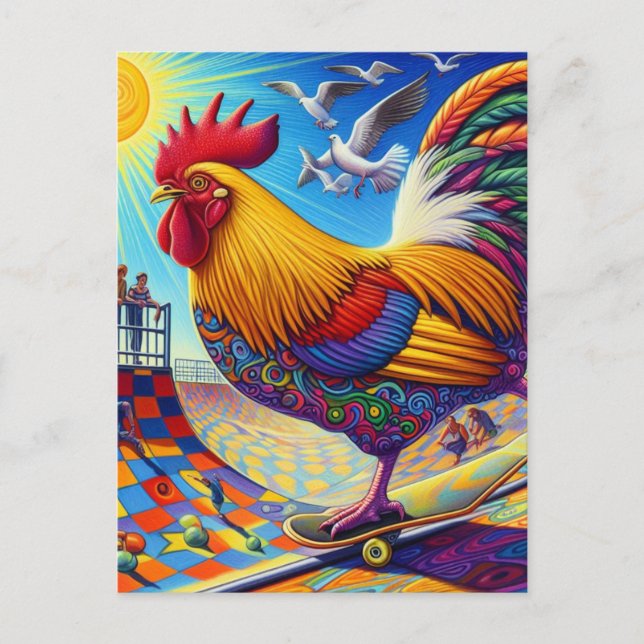Skateboarding Surreal Colorful and Fun Rooster Postcard (Front)