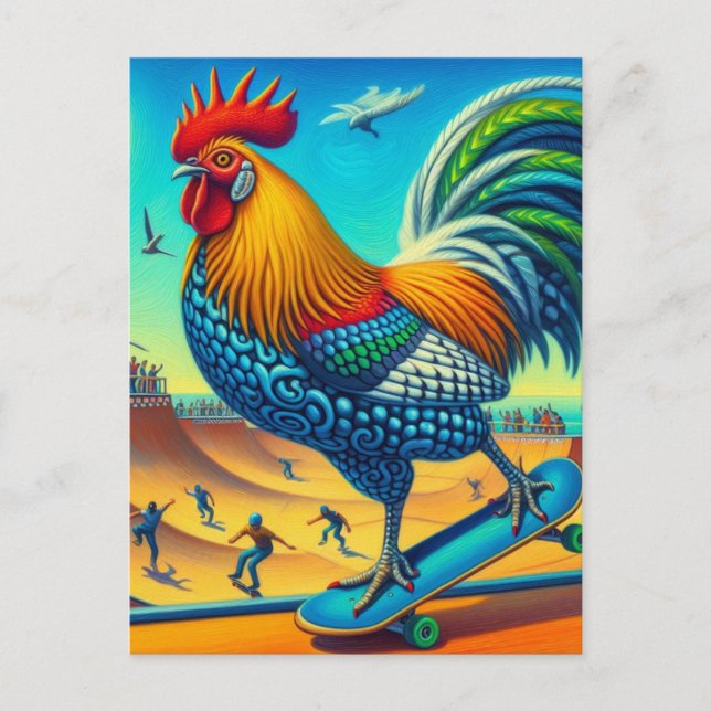 Skateboarding Surreal Colorful and Fun Rooster Postcard (Front)
