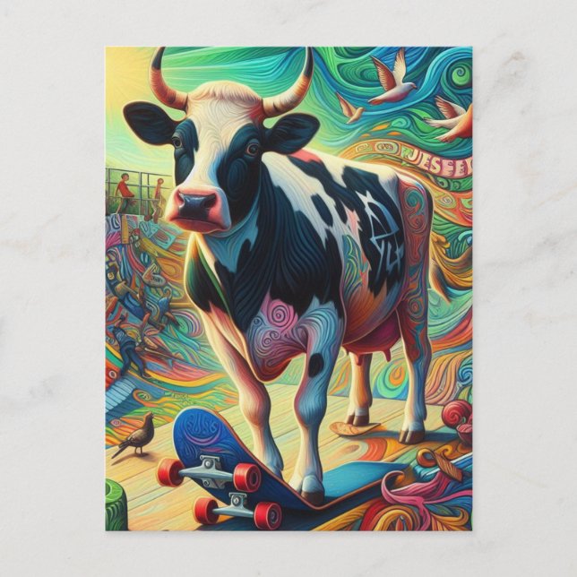 Skateboarding Surreal Colorful Fun Holstein Cow Postcard (Front)