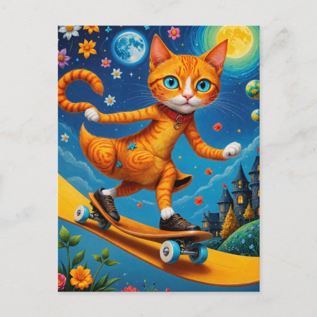 Skateboarding Surreal Ginger Cat Postcard (Front)