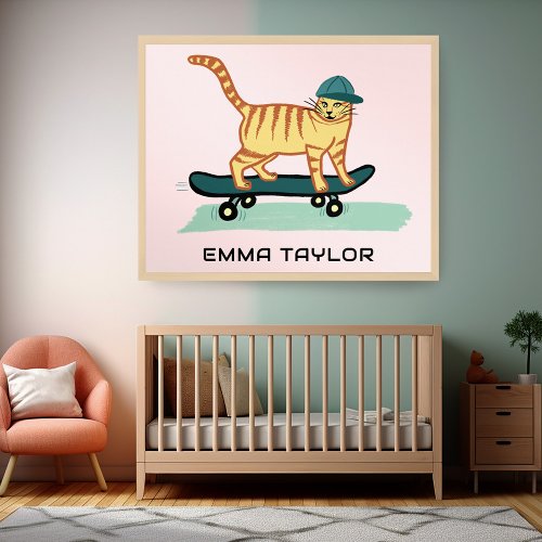 Skateboarding Tabby Cat Cute CUSTOM NAME Nursery  Poster