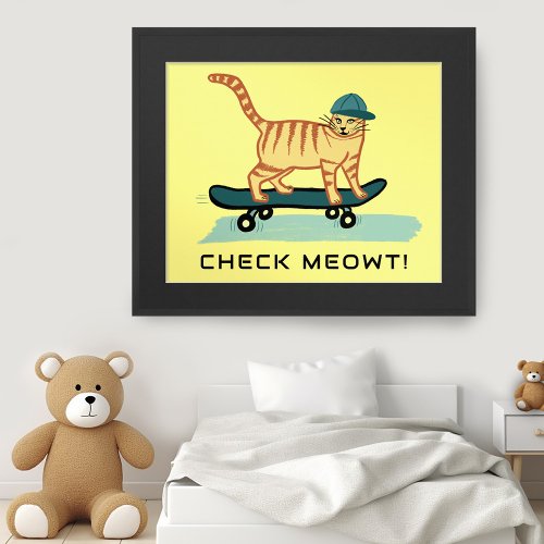 Skateboarding Tabby Cat Cute CUSTOM TEXT Nursery  Poster